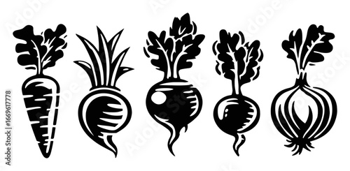 Black and White Illustrations of Various Root Vegetables for Design