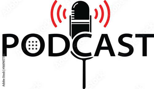 Retro microphone icon with sound waves and "podcast" text creating a classic audio broadcast symbol for media and communication businesses vector