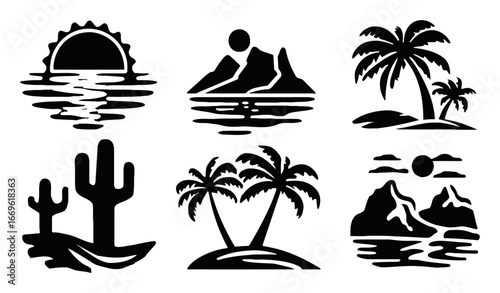 Black Silhouettes of Coastal Landscapes with Sun, Palm Trees, and Cacti