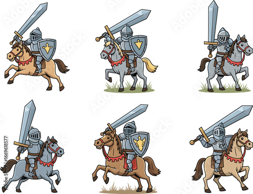Medieval knights riding horses with swords and shields, warrior armor illustration, fantasy battle concept, cartoon style vector art for design