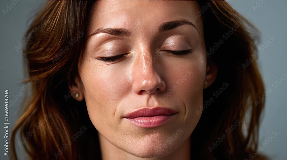 Obraz premium Weakness and dizziness in woman from anemia concept. A serene woman with closed eyes, embodying tranquility and peace.