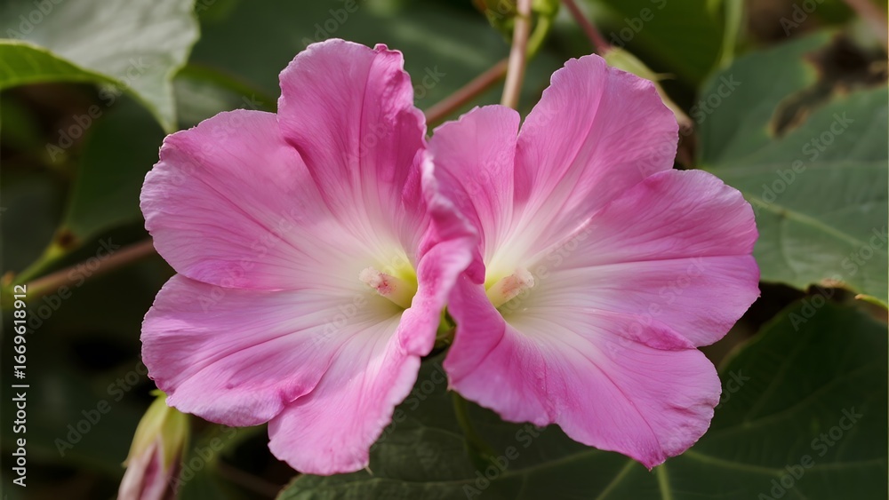 Naklejka premium Two delicate pink morning glory flowers with white centers, surrounded by green leaves