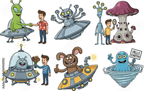 Funny cartoon aliens with UFO spaceships, meeting humans, extraterrestrial creatures, outer space fantasy illustration, perfect for sci-fi design, kids projects, and creative artworks