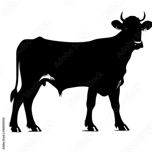 Silhouette of a standing bull with horns in black and white vector art