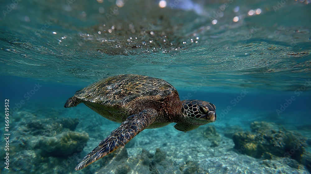 Obraz premium 木漏れ日とサンゴに囲まれた透明な海を滑るように進むアオウミガメ。