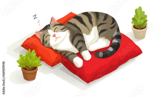 Cute Sleeping Cat on a Red Pillow in a Cartoonish 3D Style Illustration