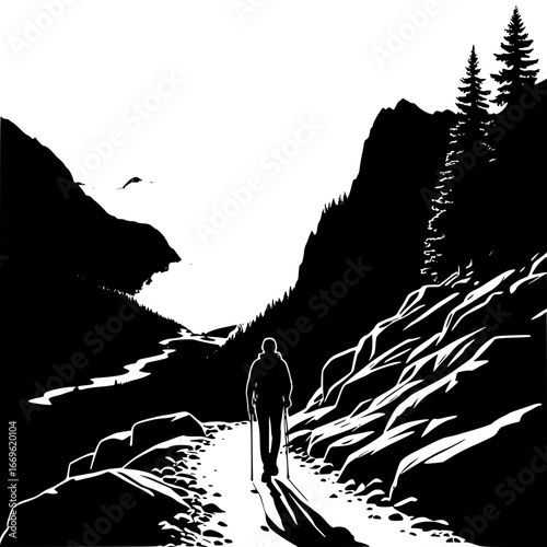 A hiker walking on a trail in a mountainous landscape in black and white