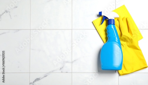 A blue cleaning spray bottle rests atop a white marble tile floor, next to a yellow cleaning cloth.