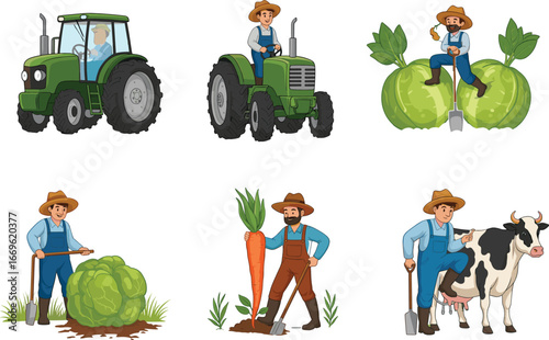 Friendly farmer character with tractor, harvesting vegetables like carrots and cabbage, working with cows, perfect for agriculture, farming, and rural lifestyle illustrations