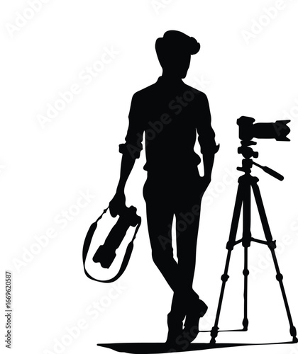 Silhouette of Photographer with Camera and Tripod, Creative Media and Professional Photography Concept