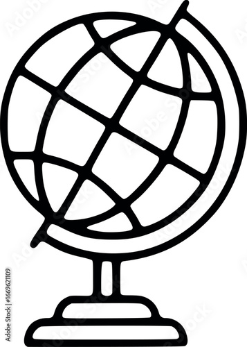 A simple line drawing of a terrestrial globe on a stand.