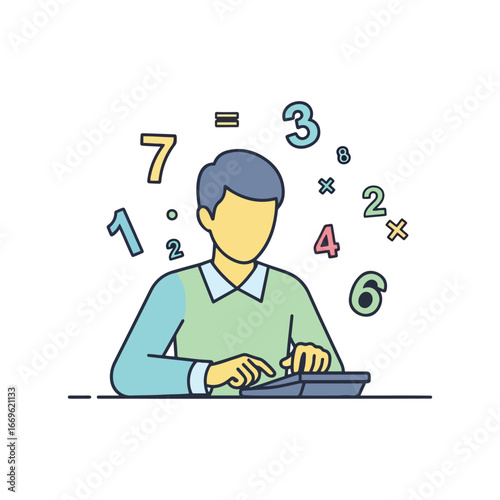 Man using calculator, surrounded by numbers, performing calculations.