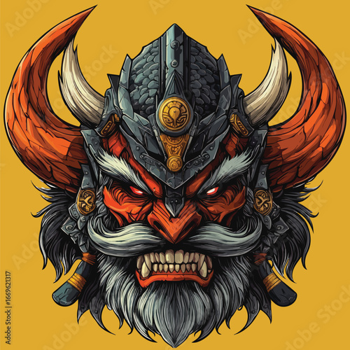 Fiery Red Horned Oni Demon Head | Aggressive Eastern Mythology Vector