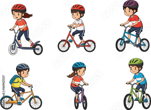 Adorable kids riding scooters and bicycles, wearing helmets, perfect for children’s active outdoor play, sports, and exercise-themed designs