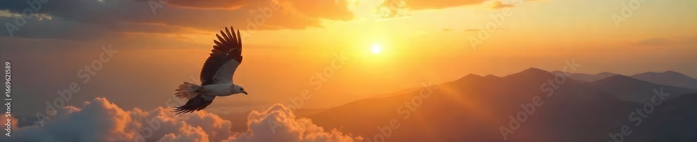 Obraz premium A majestic bird soaring high above a vast, sun-drenched landscape, symbolizing liberation and triumph over adversity Perfect for concepts of freedom and achieving victory , natural, nature, horizon
