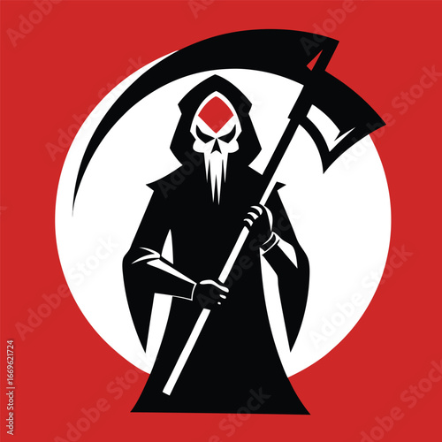 Ominous grim reaper with scythe emblem against a circular red and