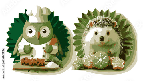 Playful illustration of owl chef and hedgehog with festive treats