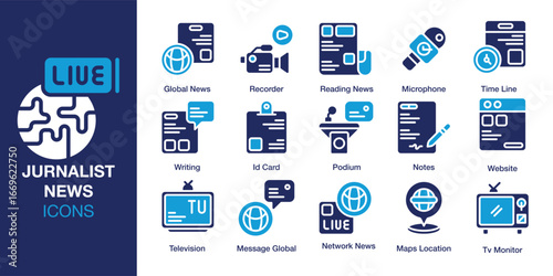 Jurnalist News icon set. Containing journalist, media, news, broadcast, interview, and more. Solid vector icons collection. Vector illustration.