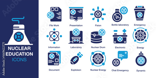 Nuclear Education icon set. Containing science, nuclear, technology, education, molecular, and more. Solid vector icons collection. Vector illustration.