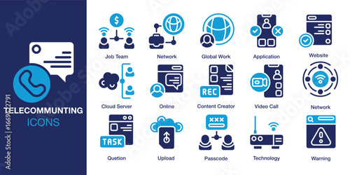 Telecommuting icon set. Containing telecommuting, laptop, computer, business, and more. Solid vector icons collection. Vector illustration.
