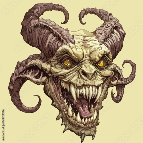  Horned Beast Skull with Lower Jaw | Gothic Fantasy Creature Vector