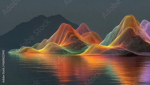 Abstract landscape, vibrant colorful mountains reflected in water