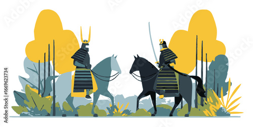 Flat Cartoon Style Samurai Warriors Riding Horses in Forest Landscape