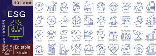 ESG Line Icons Set with Editable Stroke for Environmental, Social, Governance, and Sustainability Business Management