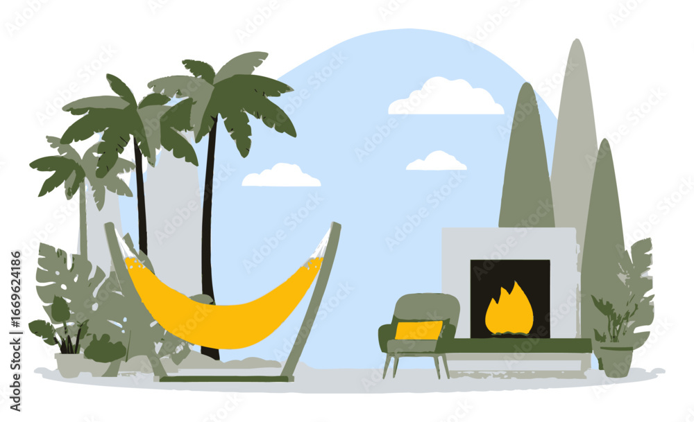 Obraz premium Cozy Tropical Living Space with Hammock and Modern Fireplace Design