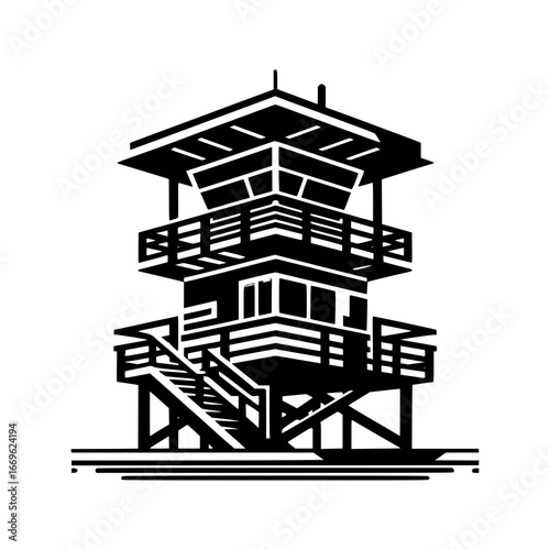 MultiLevel Lifeguard Tower with Bold Geometric Shapes black vector icon with transparent background 
