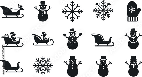 Winter holiday icons featuring snowmen, sleighs, snowflakes, and mittens in festive black silhouette style for seasonal vector design