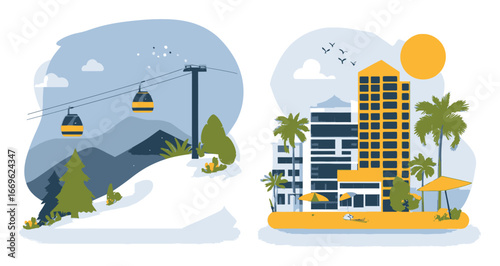 Flat Cartoon Style Mountain and City Landscape with Gondola and Sun