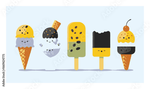 Colorful Cartoon Ice Cream Cones and Popsicles on a Light Background