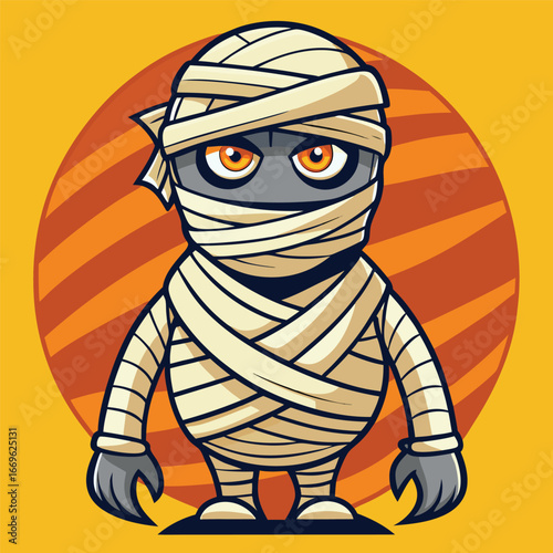 Spooky cartoon mummy character wrapped in bandages with orange striped circle background