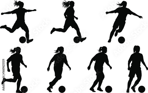 Silhouettes of female soccer player in various action poses with ball, kicking, dribbling, running, sports movement illustration for athletic design
