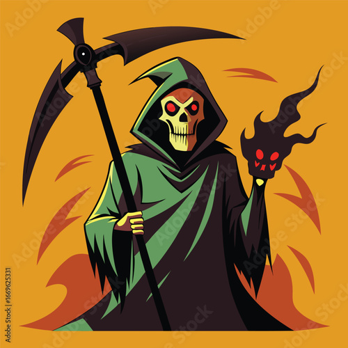 Mysterious grim reaper character with fiery skull and scythe on orange background