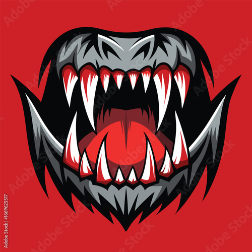 Fierce monster mouth with sharp fangs and red tongue wide open screaming
