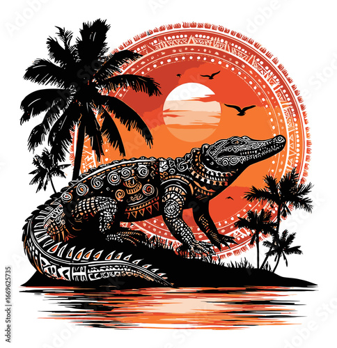 Abstract Illustration of a Stylized Crocodile with Tropical Background