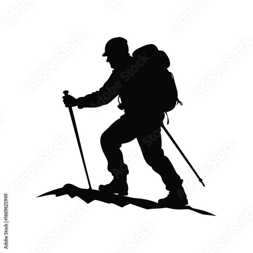 Silhouette of a determined hiker trekking uphill with poles and backpack, climber crossing snowy ridge illustration silhouette