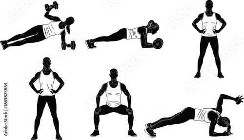 Silhouette fitness workout poses with dumbbells, plank, squat, and side plank exercises for strength training and core body conditioning