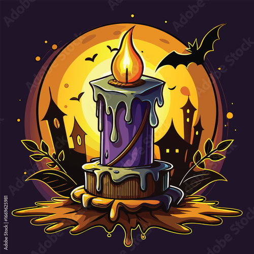 Spooky halloween candle bat castle moon scene dripping wax festive spooky night ambiance