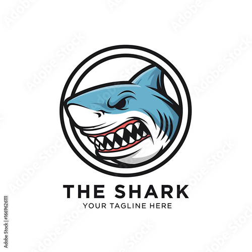 Fierce blue shark head with sharp teeth and menacing eyes, enclosed in a black circular border, with "THE SHARK" text below.