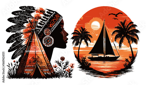 Abstract Illustration of Native American and Tropical Sailing Scene