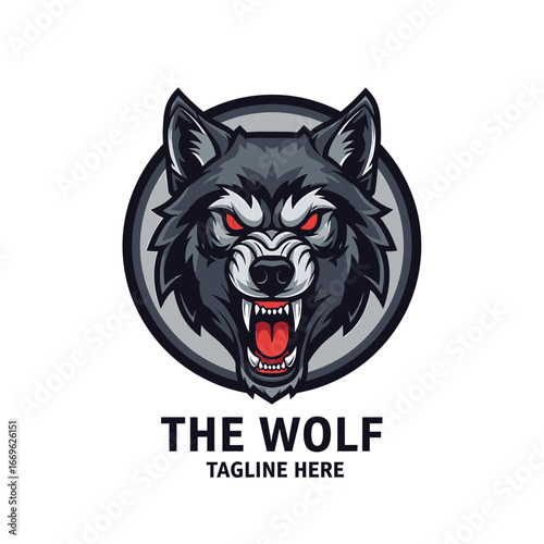 A stylized illustration of a fierce wolf head with glowing red eyes and an open mouth.