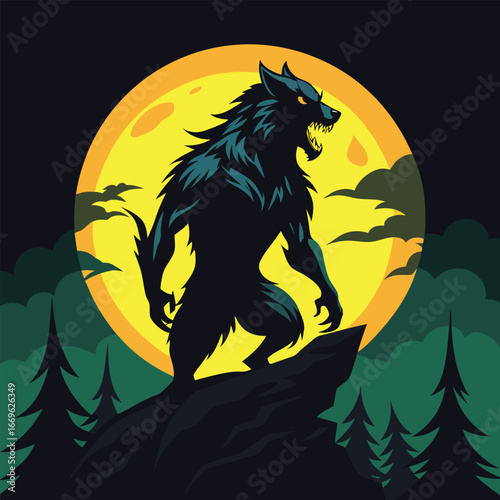 Fearsome werewolf silhouetted against a bright full moon under a starry night sky