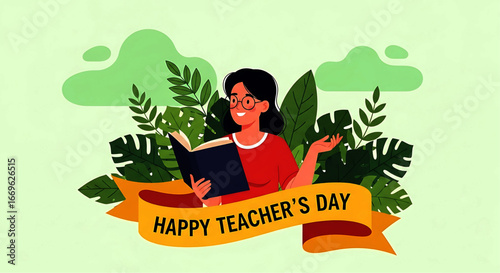 Cartoon Teacher Reading Book with Glasses and Red Shirt Illustration