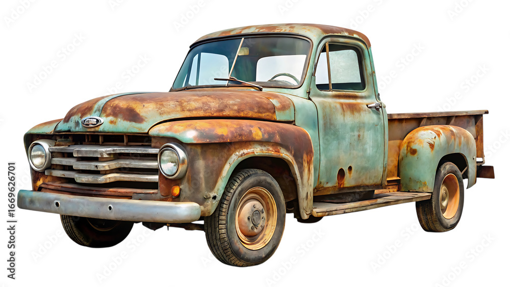 Fototapeta premium Vintage Green and Rusty Pickup Truck with Chrome Grille and Headlights Isolated on Black vintage truck