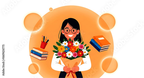 Smiling Woman Holding Colorful Bouquet of Flowers and Books