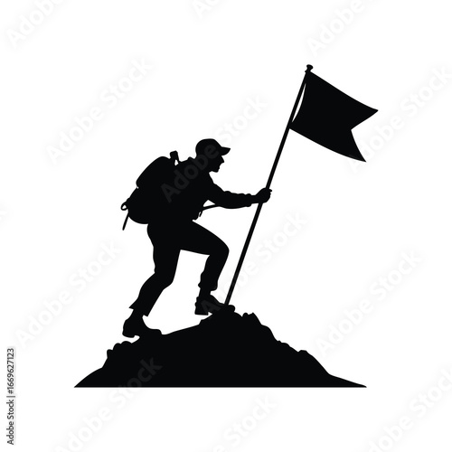Silhouette of a Determined Hiker Planting Flag at Mountain Summit Conquering Challenge, climber planting flag peak illustration silhouette
