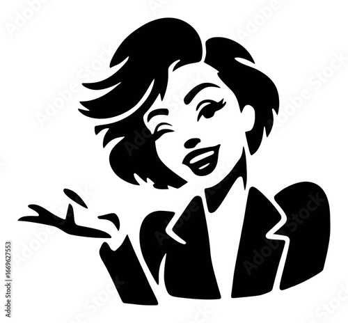 Stylish Woman in a Business Suit with Playful Gesture and Smile